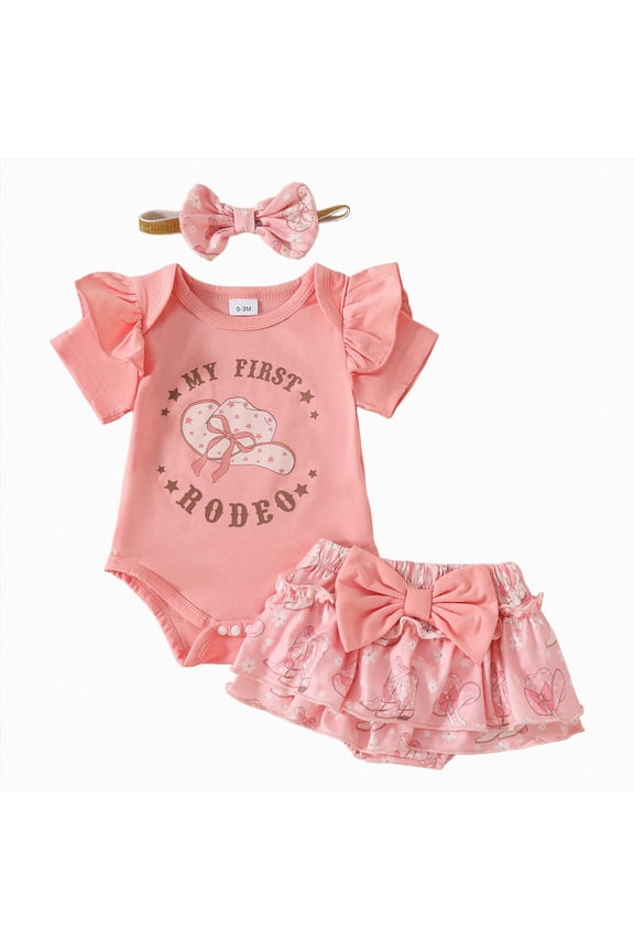 Baby Girl Western Outfit My First Rodeo Short Sleeve Ruffle Romper Skirt Headband Set Summer Clothes (Pink, 3-6 Months)