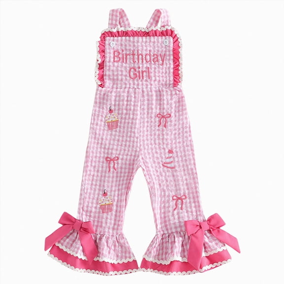 zaveiop Baby Girls Birthday Jumpsuit Overalls Sleeveless Birthday Girl Embroidery Bell Bottom Romper Cake Smash Clothes (Red, 18-24 Months)