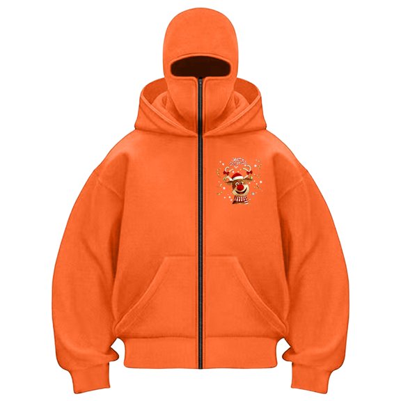 zaveiop Balaclava Zip up Hoodie Double Hooded Y2K Streetwear Oversized Windproof Sweatshirt with Warm Mask for Women (Orange, L)