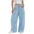thumbnail image 1 of zaveiop Barrel Sweatpants Women High Waisted Wide Leg Lounge Pants Casual Fall Drawstring Contrast Patchwork with Pockets (Light Blue, XXL), 1 of 5