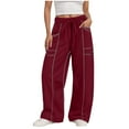 thumbnail image 1 of zaveiop Barrel Sweatpants Women High Waisted Wide Leg Lounge Pants Casual Fall Drawstring Contrast Patchwork with Pockets (Z-Wine, M), 1 of 5