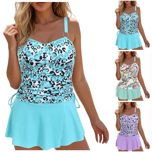 zaveiop Blouson Tankini Swimsuits for Women 2026 Modest Tummy Coverage Bathing Suits with Skirt and Built-in Shorts (Light Blue, 4XL)