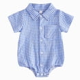 thumbnail image 1 of zaveiop Boy Button Up Bodysuit Onesie Plaid Lapel Short Sleeve Gentleman Romper Jumpsuit Summer Clothes (Blue, 6-12 Months), 1 of 8