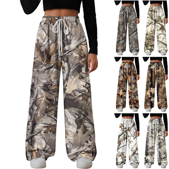 zaveiop Camo Pants Women Baggy Fleece Y2K Camouflage Cargo Pants High Waisted Wide Leg Drawstring Jogger Sweatpants (Coffee, S)