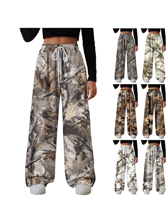 Camo Pants Women Baggy Fleece Y2K Camouflage Cargo Pants High Waisted Wide Leg Drawstring Jogger Sweatpants (Khaki, S)