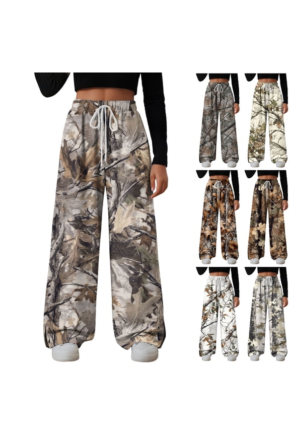 Camo Pants Women Baggy Fleece Y2K Camouflage Cargo Pants High Waisted Wide Leg Drawstring Jogger Sweatpants (White, L)