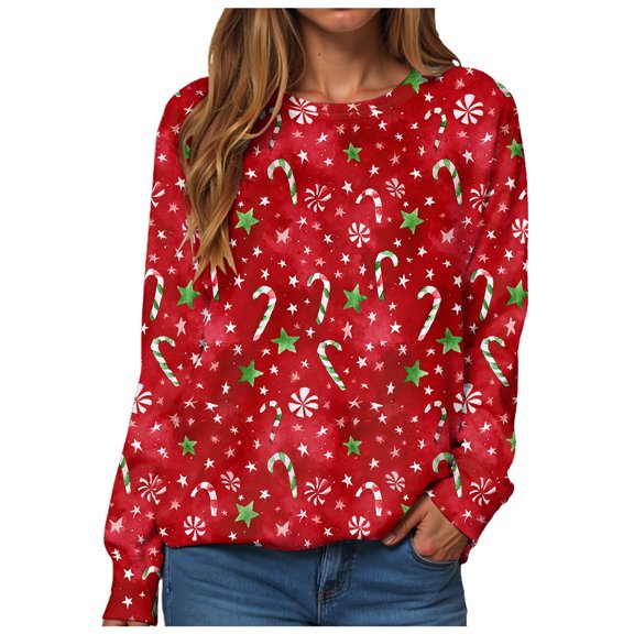 zaveiop Candy Canes Women Long Sleeve Sweatshirts Round Neck Pullover Sweaters Casual Blouse Tops (Red, XL)