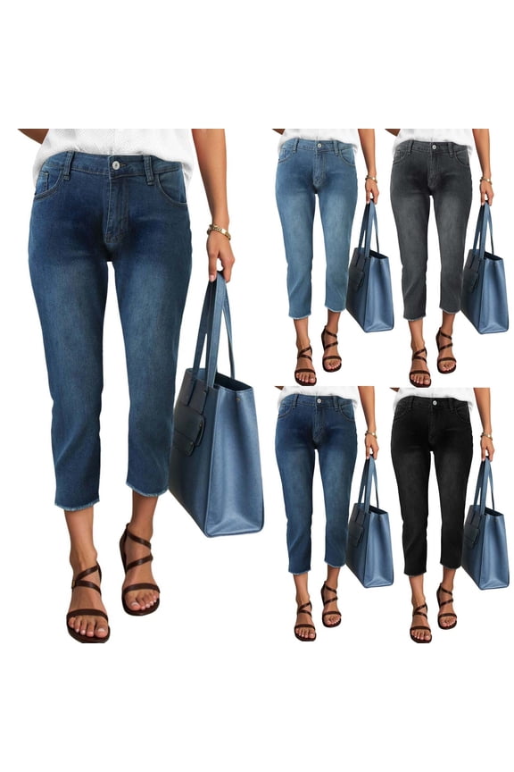 Capri Jeans for Women Stretchy Boyfriend Jeans Straight Leg Low Rise Jean Capris Cut off Cropped Skinny Jean Denim (Black, L)
