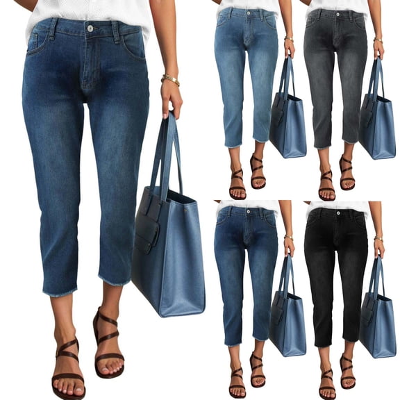 zaveiop Capri Jeans for Women Stretchy Boyfriend Jeans Straight Leg Low Rise Jean Capris Cut off Cropped Skinny Jean Denim (Black, S)
