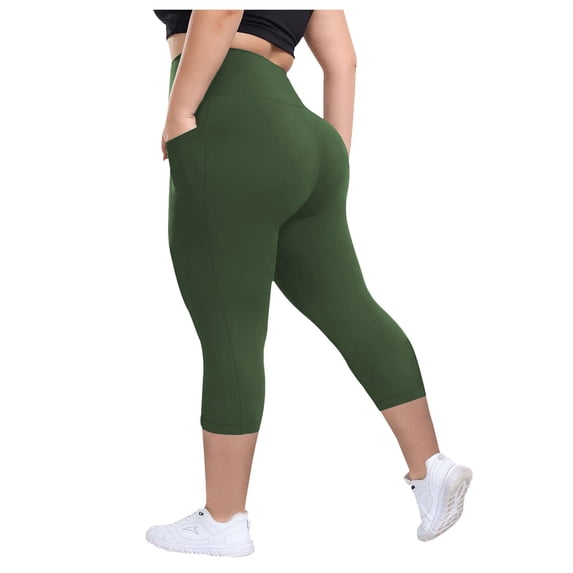 zaveiop Capri Pants for Women Summer Solid Leggings with Pocket Knee Length High Waisted Stretch Yoga Pants (Green, 4XL)