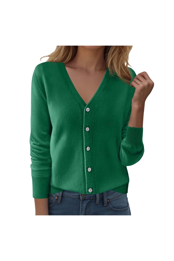 Cardigan Sweaters for Women Casual Button Down V Neck Knit Cardigans Fall Solid Boho Long Sleeve Clothes (Army Green, L)