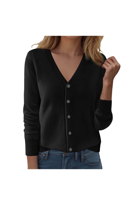 Cardigan Sweaters for Women Casual Button Down V Neck Knit Cardigans Fall Solid Boho Long Sleeve Clothes (Black, M)