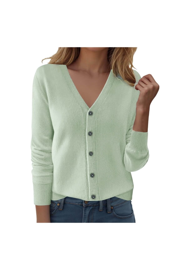 Cardigan Sweaters for Women Casual Button Down V Neck Knit Cardigans Fall Solid Boho Long Sleeve Clothes (Mint Green, L)