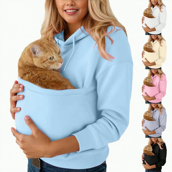zaveiop Cat Pouch Hoodies Womens Pet Pouch Hoodies Oversized Kangaroo Pocket Sweatshirt Pets Holder Carriers Pullover Top (Light Blue, M)