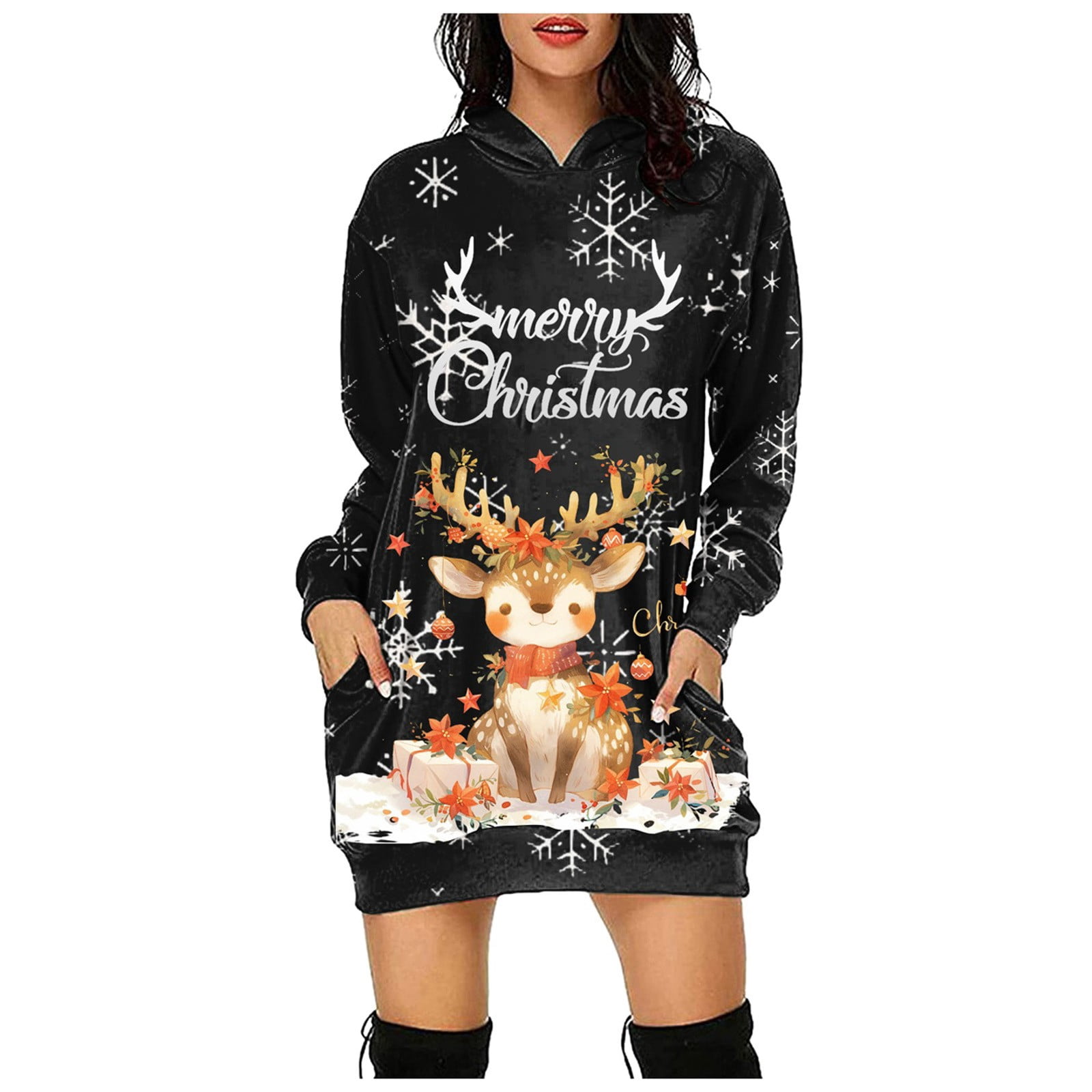 zaveiop Christmas Dress for Women Hooded with Pocket Long Sleeve Funny Xmas  Print Ugly Short Dress (Z6-Black, S) - Walmart.com