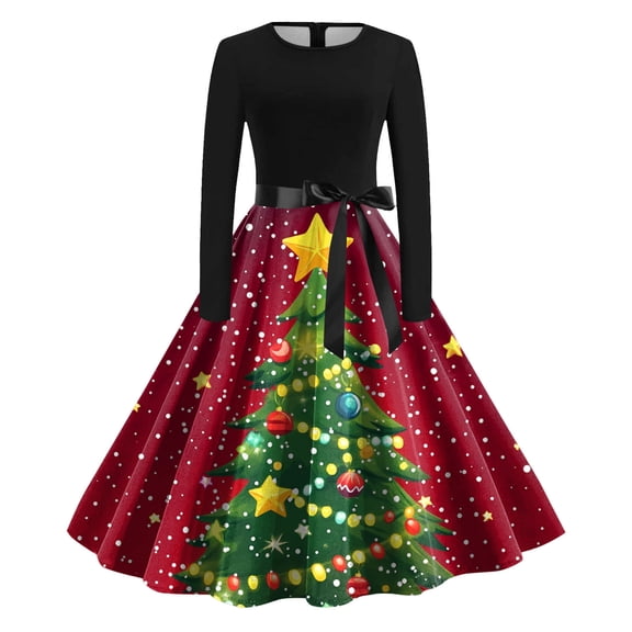 zaveiop Christmas Dresses for Women Plus Size Glitter Xmas Tree Print Vintage Dresses Crew Neck Long Sleeve Cute Snowflake Cocktail Swing Dress Christmas Party Costumes (Z-Wine, L)