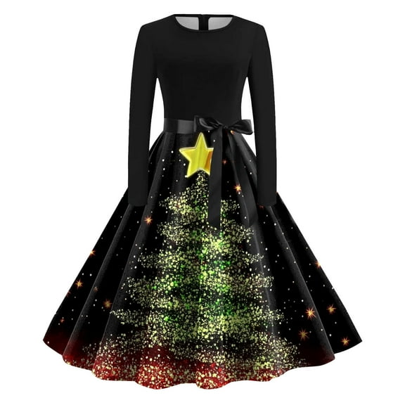 zaveiop Christmas Dresses for Women Plus Size Glitter Xmas Tree Print Vintage Dresses Crew Neck Long Sleeve Cute Snowflake Cocktail Swing Dress Christmas Party Costumes (Z-Dark Green, XL)
