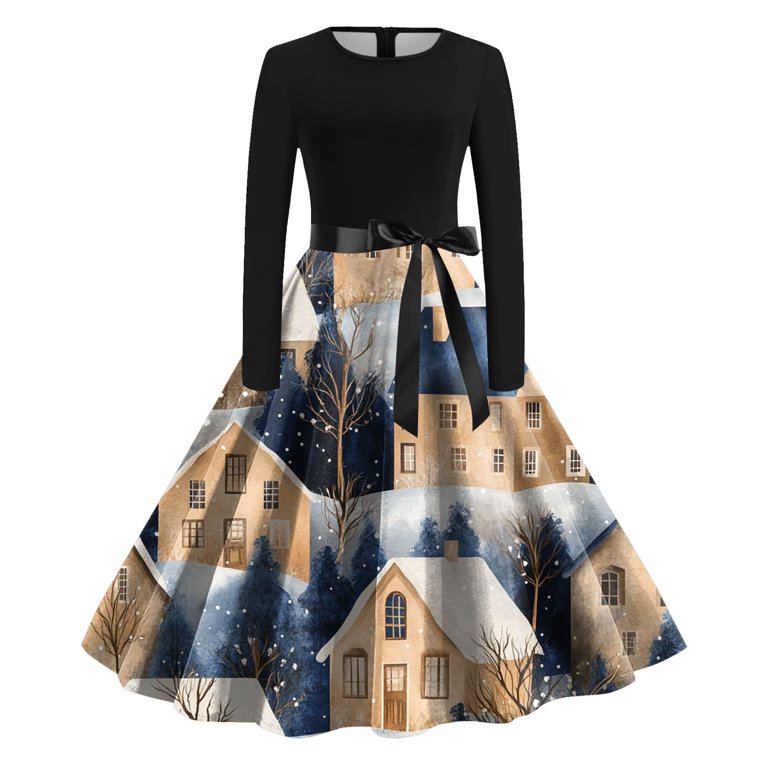 zaveiop Christmas Dresses for Woman Long Sleeve Christmas Plaid Womens  Dresses Round Neck Knee Length Skirts Casual Cute Large Dress (Z2-Khaki, S)  - Walmart.com