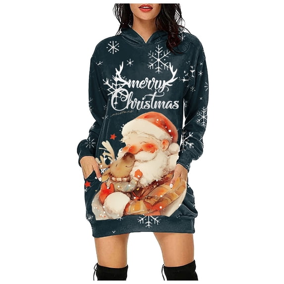 zaveiop Christmas Hooded Sweatshirt Dress Women Long Sleeve Above Knee Midi Xmas Apparel with Pockets Santa Festive Outfits (Z3-Navy, L)