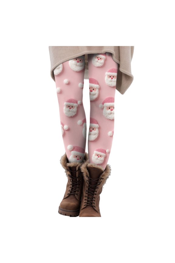Christmas Leggings for Women High Waisted Santa Claus Print Ankle Length Seasonal Printed Leggings Soft Brushed Pants (Z6-Pink, XL)