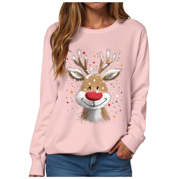 zaveiop Christmas Red Nose Reindeer Long Sleeve T-Shirt (Pink, M)