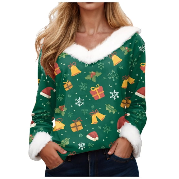 zaveiop Christmas Shirts for Women Faux Fur Trim V Neck T-Shirt Xmas Print Long Sleeve Holiday Pullover Tee Tops (Z5-Green, XL)
