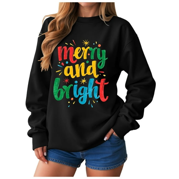 zaveiop Christmas Shirts for Women Merry and Bright Christmas Pullover Top Crewneck Long Sleeve Xmas Holiday Sweatshirt Tee (Z7-Black, L)