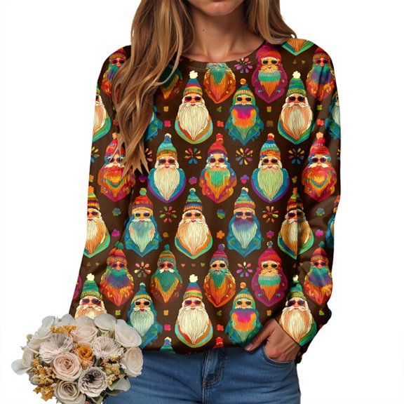 zaveiop Christmas Sweaters for Women Funny Round Neck Lightweight Festive Santa Snowflake Printed Cable Knit Pullover (Brown, XXL)