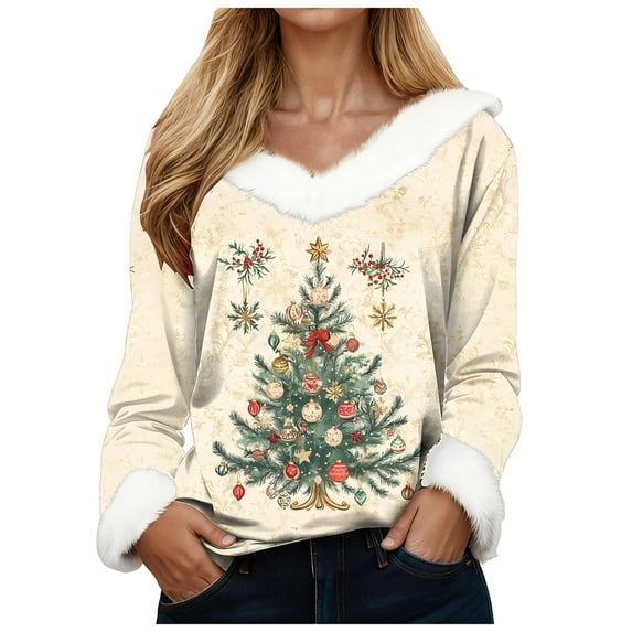 zaveiop Christmas Sweaters for Women Funny Xmas Tree Print Fur V Neck Xmas Graphic Long Sleeve Holiday Pullover Tops (Beige, S)