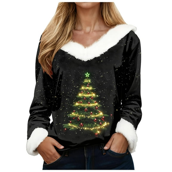 zaveiop Christmas Sweaters for Women Funny Xmas Tree Print Fur V Neck Xmas Graphic Long Sleeve Holiday Pullover Tops (Light Yellow, S)