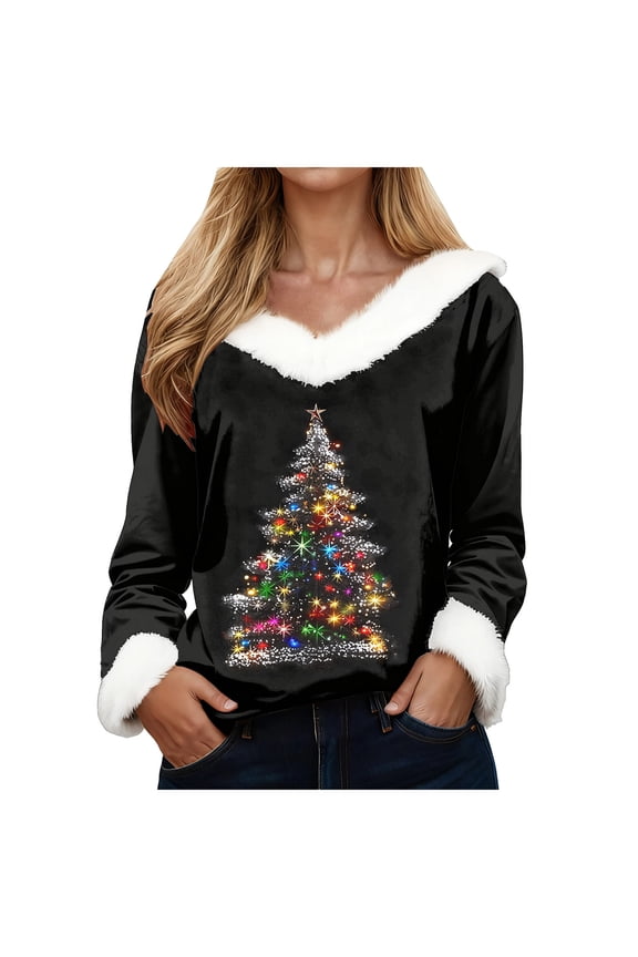 Christmas Sweaters for Women Funny Xmas Tree Print Fur V Neck Xmas Graphic Long Sleeve Holiday Pullover Tops (White, S)
