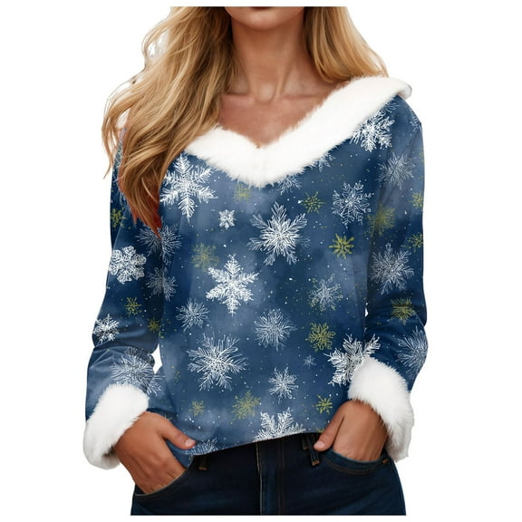 zaveiop Christmas Sweaters for Women Waffle Light Tree Star Snowflake Printed Fluffy Fuzzy V Neck Long Sleeve Shirts (Blue, 3XL)