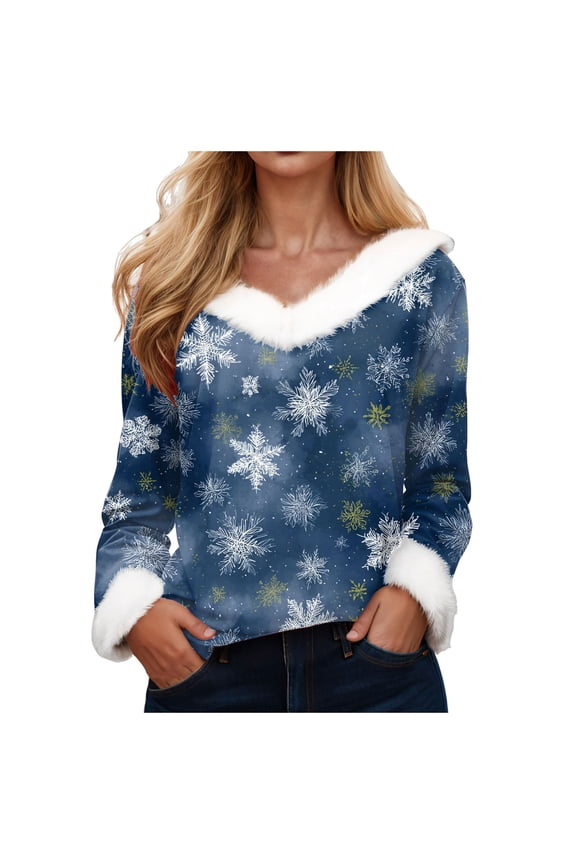Christmas Sweaters for Women Waffle Light Tree Star Snowflake Printed Fluffy Fuzzy V Neck Long Sleeve Shirts (Blue, 3XL)
