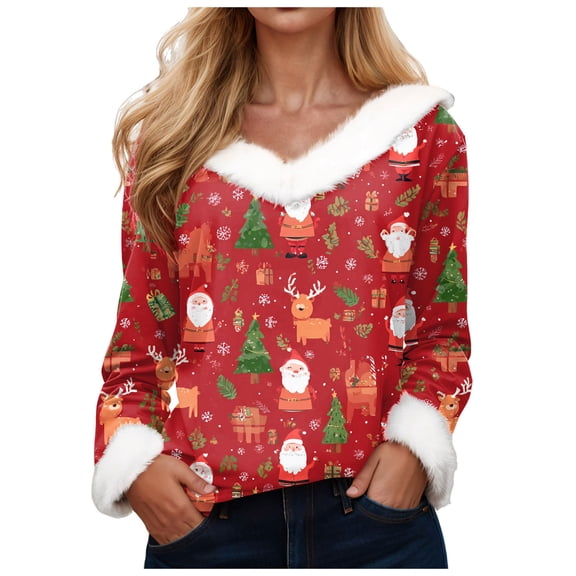 zaveiop Christmas Sweaters for Women Waffle Light Tree Star Snowflake Printed Fluffy Fuzzy V Neck Long Sleeve Shirts (Watermelon Red, S)