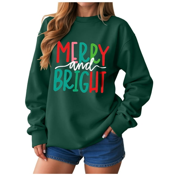 zaveiop Christmas Sweatshirts for Women Merry and Bright Sweatshirt Vintage Crewneck Long Sleeve Pullover Tops (Green, S)