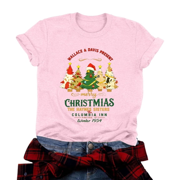 zaveiop Christmas Tshirts Women Holiday Christmas Graphic Print Crewneck Shirt Trendy Short Sleeve Loose Casual Tee Tops (Z2-Pink, L)