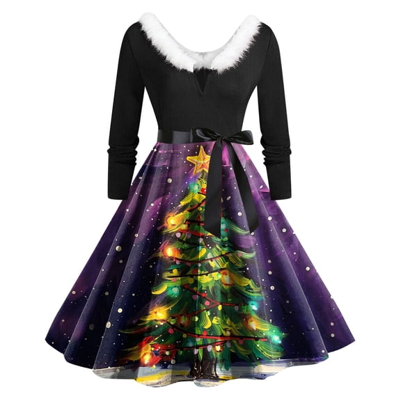 zaveiop Christmas Women's Dresses Dress Merry Christmas V Neck Faux Fur Collar Swing Dress with Belt Long Sleeve Fitted Clothes 2025 (Z-Dark Purple, S)
