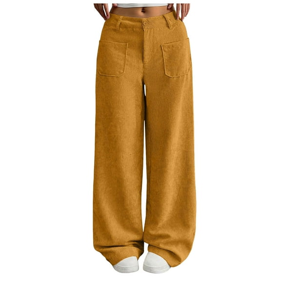 zaveiop Corduroy Pants Women Baggy Tall Cord Wide Leg Trousers Elastic Waist Comfy Work Pants Soft Cozy Palazzo Teacher Pant (Z-Yellow, XXL)