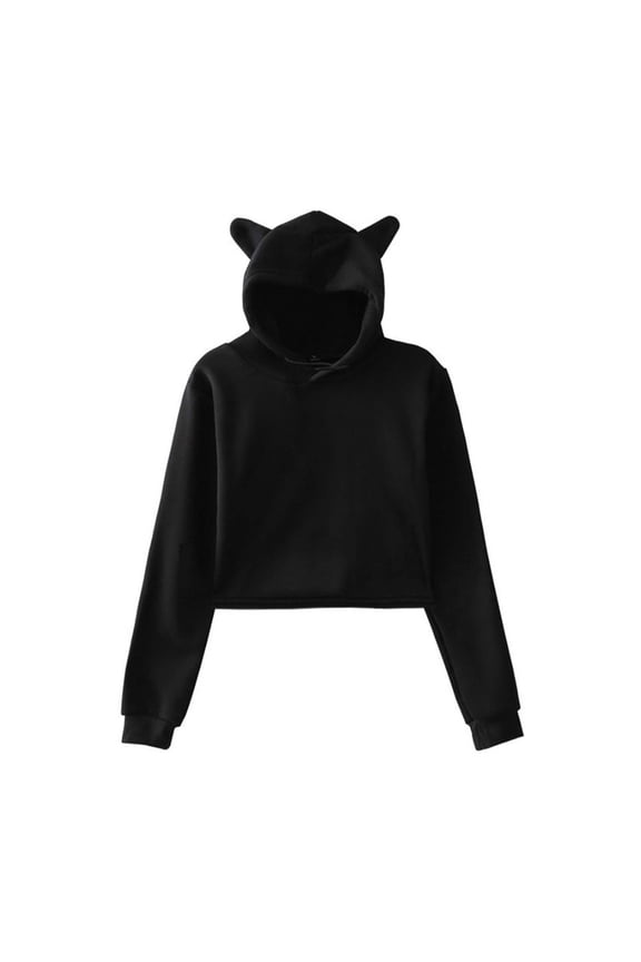 Cute Cat Ear Crop Tops Long Sleeve Causal Plain Hoodie Sweatshirt Shirt Womens Girls Cat Ear Hoodies Gothic Sweatshirt Black (Black, S)