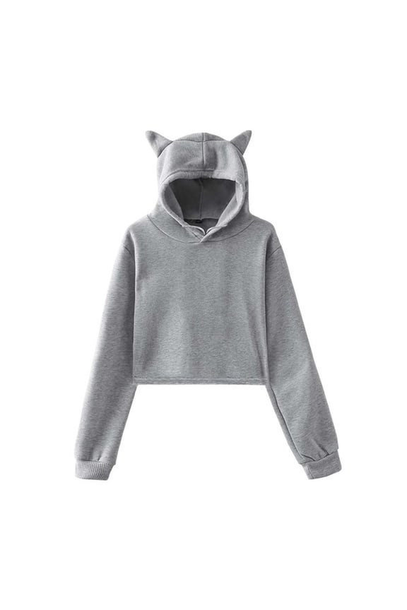 Cute Cat Ear Crop Tops Long Sleeve Causal Plain Hoodie Sweatshirt Shirt Womens Girls Cat Ear Hoodies Gothic Sweatshirt Black (Grey, XS)