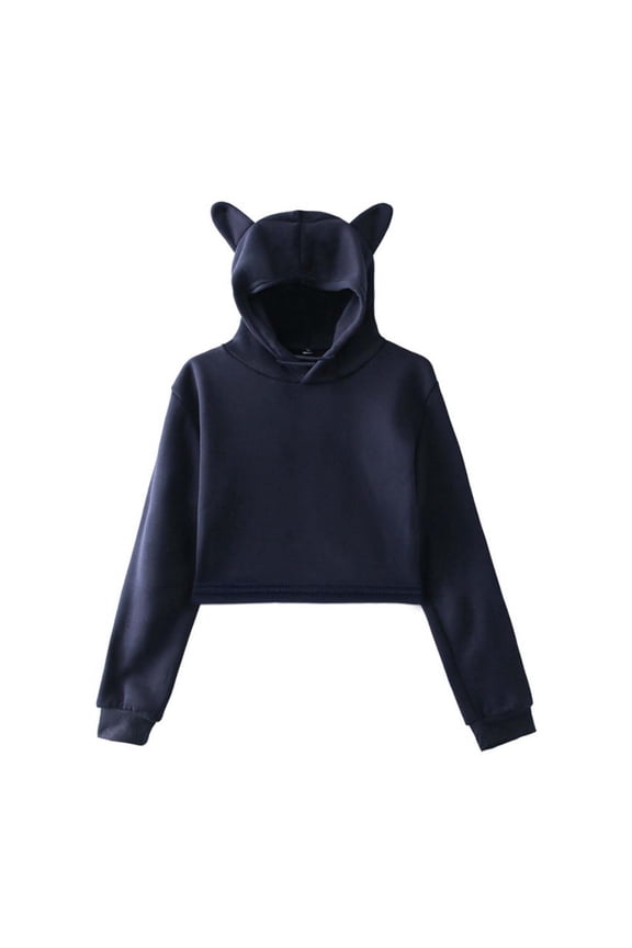 Cute Cat Ear Crop Tops Long Sleeve Causal Plain Hoodie Sweatshirt Shirt Womens Girls Cat Ear Hoodies Gothic Sweatshirt Black (Navy, XXS)