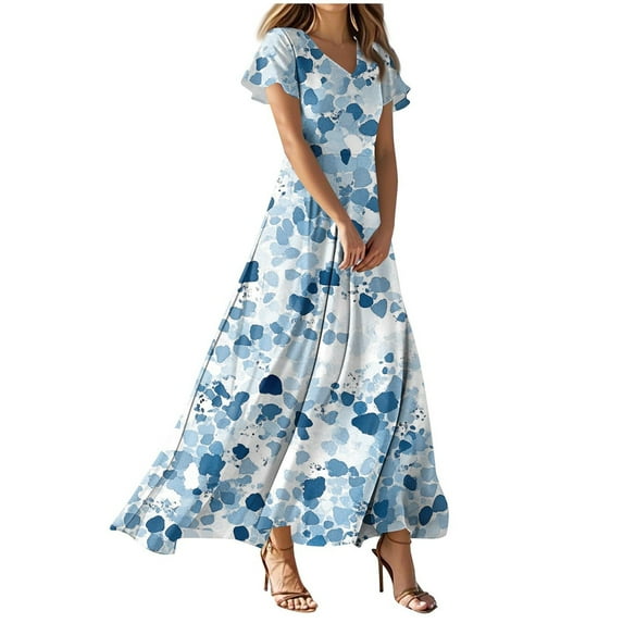 zaveiop Dresses for Women 2025 Summer Elegant Classy Flowy Ruffle Swing V Neck A Line Dress Casual Boho Long Sundress (Z4-Blue, M)