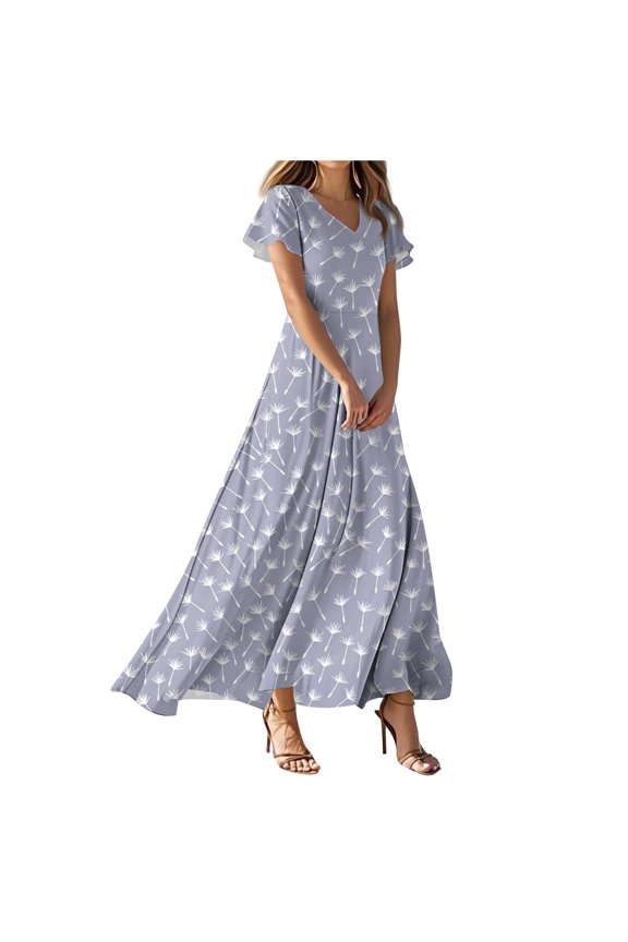 Dresses for Women 2025 Summer Elegant Classy Flowy Ruffle Swing V Neck A Line Dress Casual Boho Long Sundress (Z4-Purple, S)