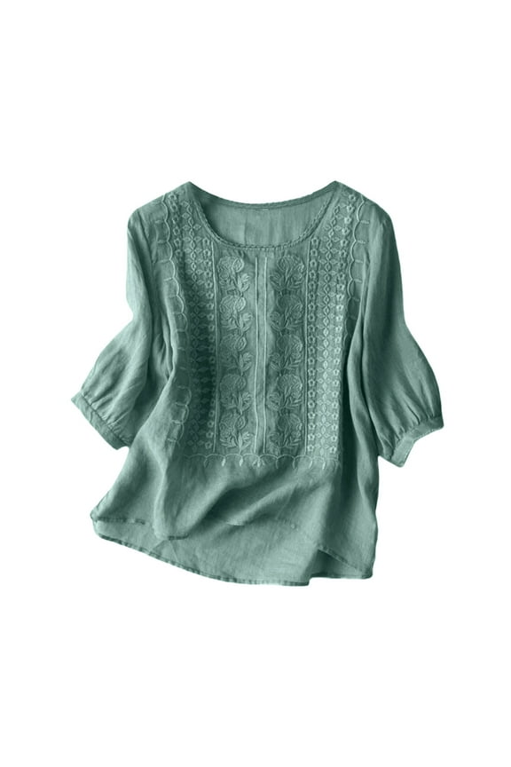 Embroidered Cotton Linen Tops for Women 3/4 Sleeve Summer Boho Peasant Gauze Blouses Dressy Casual Bohemian Tunic Shirts (Blue, XXXL)