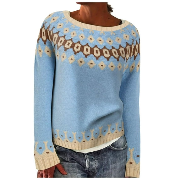 zaveiop Fair Isle Pullover Sweaters, Crew Neck Chunky Knit, Winter Clothing Holiday, Vintage Crochet Fall Tops for Women (Light Blue, M)