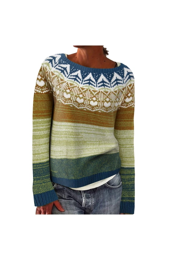 Fair Isle Pullover Sweaters, Crew Neck Chunky Knit, Winter Clothing Holiday, Vintage Crochet Fall Tops for Women (Light Green, M)