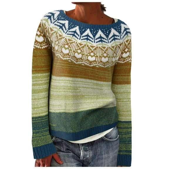 zaveiop Fair Isle Pullover Sweaters, Crew Neck Chunky Knit, Winter Clothing Holiday, Vintage Crochet Fall Tops for Women (Z-Light Green, S)