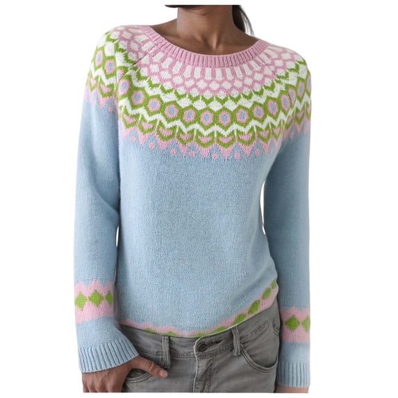 zaveiop Fair Isle Sweater for Women Knit Boho Retro Winter Fall Casual Loose Crewneck Long Sleeve Lightweight Pullover 2025 (Z3-Sky Blue, XXL)