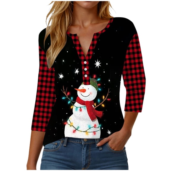 zaveiop Fall Season V Neck Shirt for Women Funny Christmas Gnome Thanksgiving Plaid Long Sleeve Graphic Tee Family Party Raglan Tops (Black, 3XL)