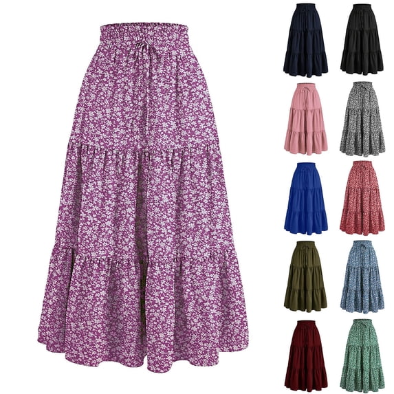 zaveiop Floral Maxi Skirt for Women Summer Comfy Tiered Elastic High Waisted Skirts Vacation A-Line Flowy Swing Long Skirts (Dark Blue, M)